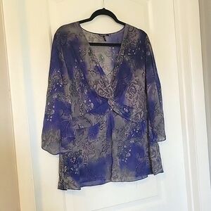 Daisy Fuentes Sheer Floral Blue & Gray Blouse 2x